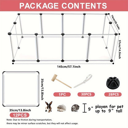 Portable metal wire playpen for small pets like rabbits and guinea pigs, suitable for indoor and outdoor use. Features rust-proof coating, easy assembly, and measures 35.05x35.05 cm with 12