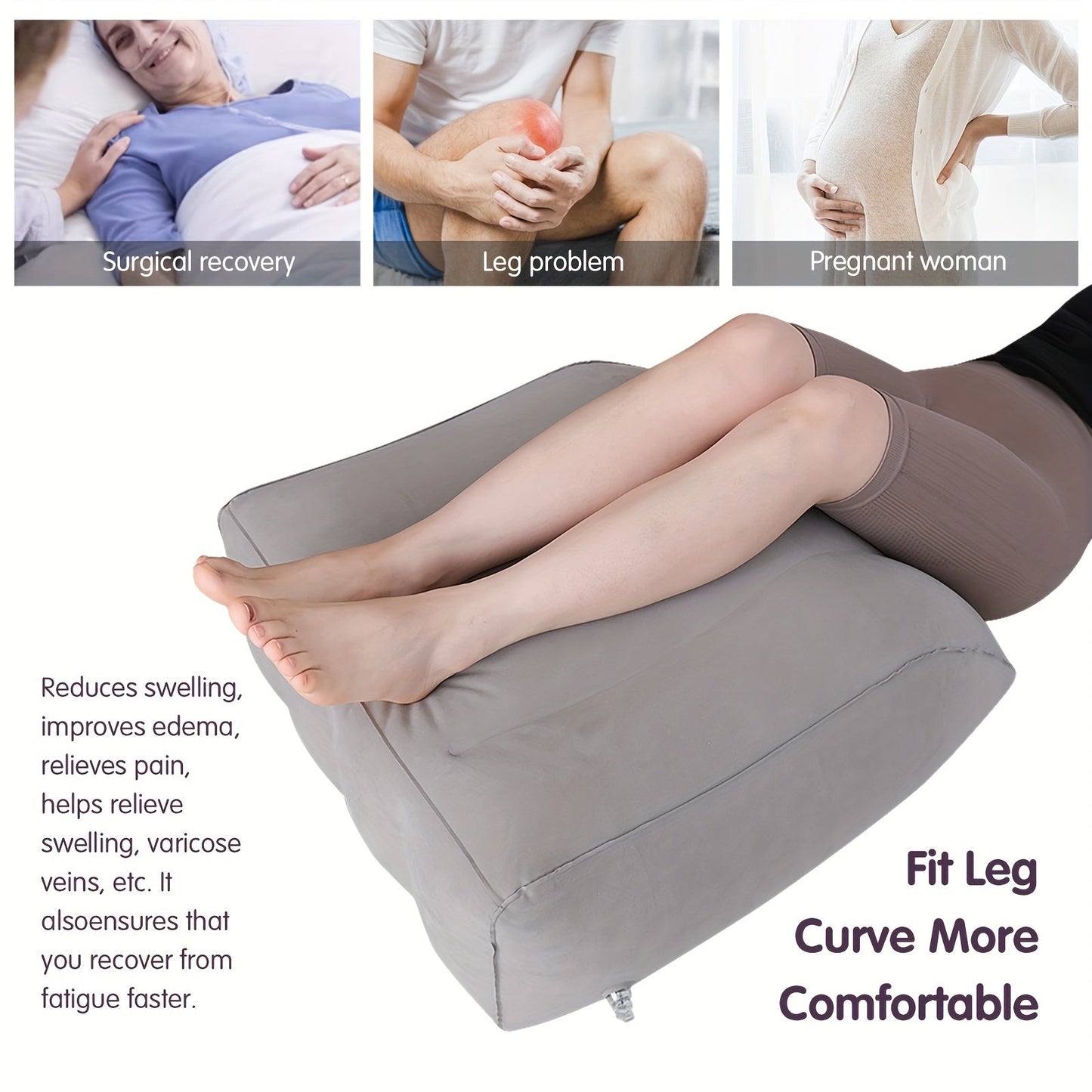 Elevate your legs with the Inflatable Leg Elevation Pillow to improve circulation and reduce swelling. This pillow is stain-resistant, with a medium soft firmness and non-textile cover. Ideal for post-surgery recovery, knee, and back pain relief. Spot