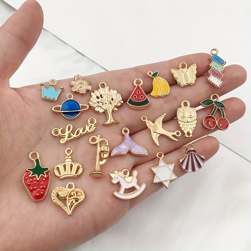 50 pieces of assorted golden enamel plated charms made of zinc alloy, perfect for DIY jewelry making to create pendants for necklaces, bracelets, earrings, and fabric accessories. Craft supplies included.