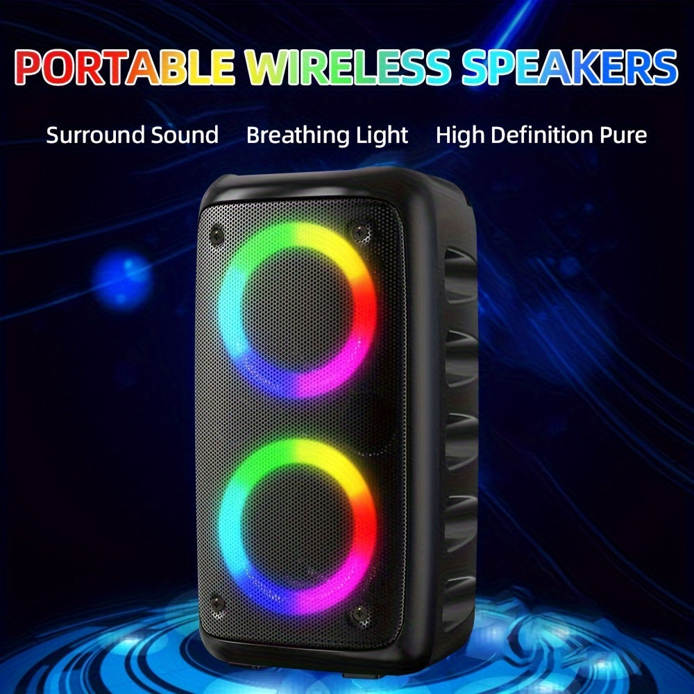 The HY-3317 Wireless Speaker includes a subwoofer, microphone, colorful lights, cinema-quality surround sound, high-capacity battery, bass enhancement, USB port, high-resolution audio