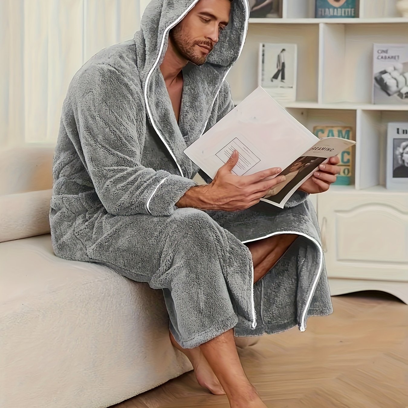 Soft and comfortable black fleece bathrobe with color-block design for men, featuring a hood, long sleeves, and belt detail. Suitable for home and hotel use, machine washable.