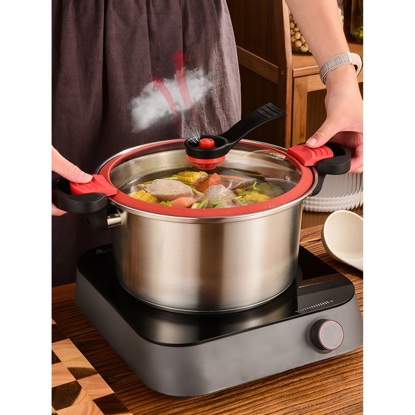 Durable Stainless Steel Soup Pot ideal for Food Processing, featuring a Double Bottom, Glass Lid, and versatile for use as a Stew or Pasta Pot in the Household Kitchen