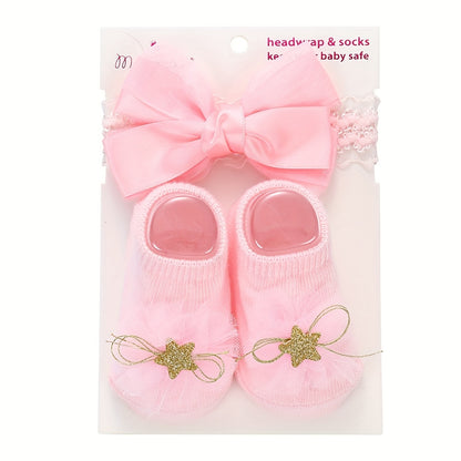 1 Set of Kids' Cotton Blend Lace & Bow Low-Cut Socks and Hairbands - Soft, Breathable & Elastic for Spring/Summer Comfort