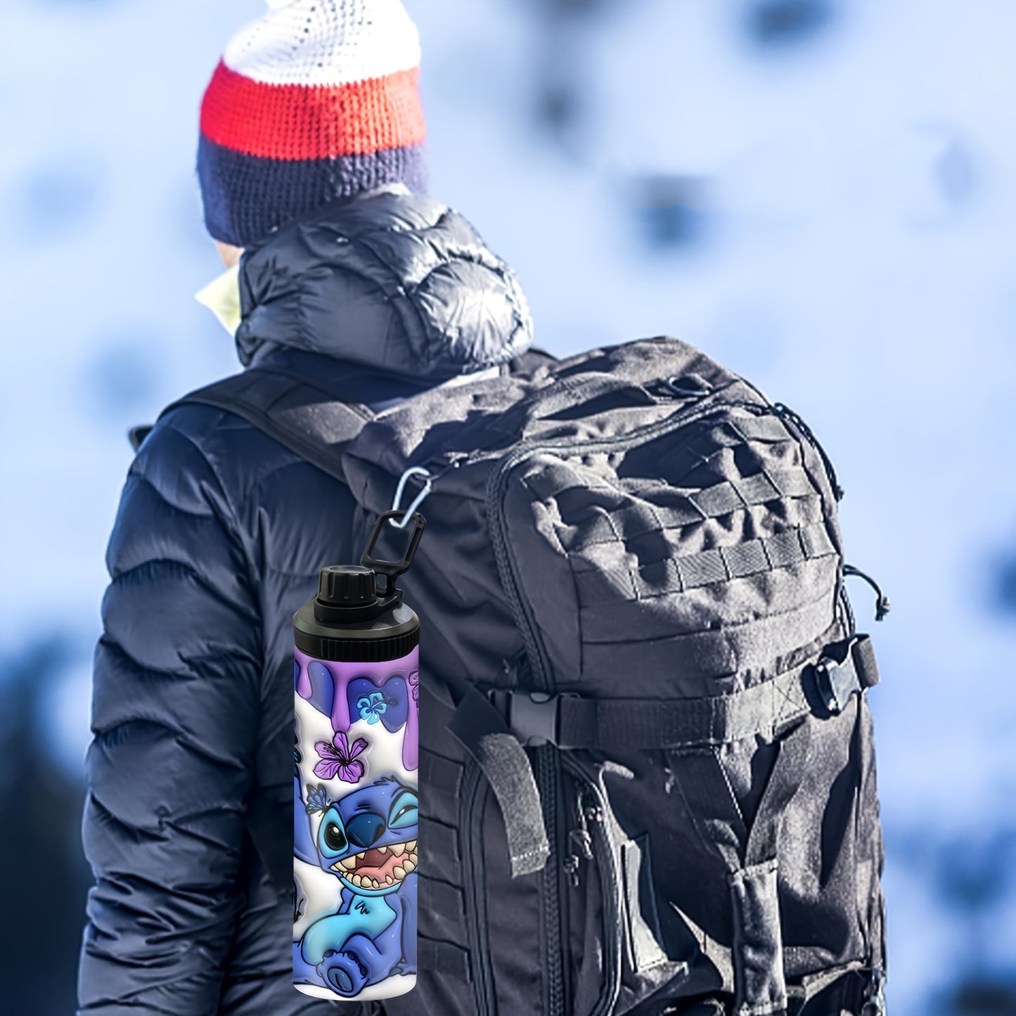 Stitch and butterfly print stainless steel water bottle, insulated for hot and cold drinks, leakproof lid, hand wash only, BPA-free, perfect for outdoor travel and gifting.