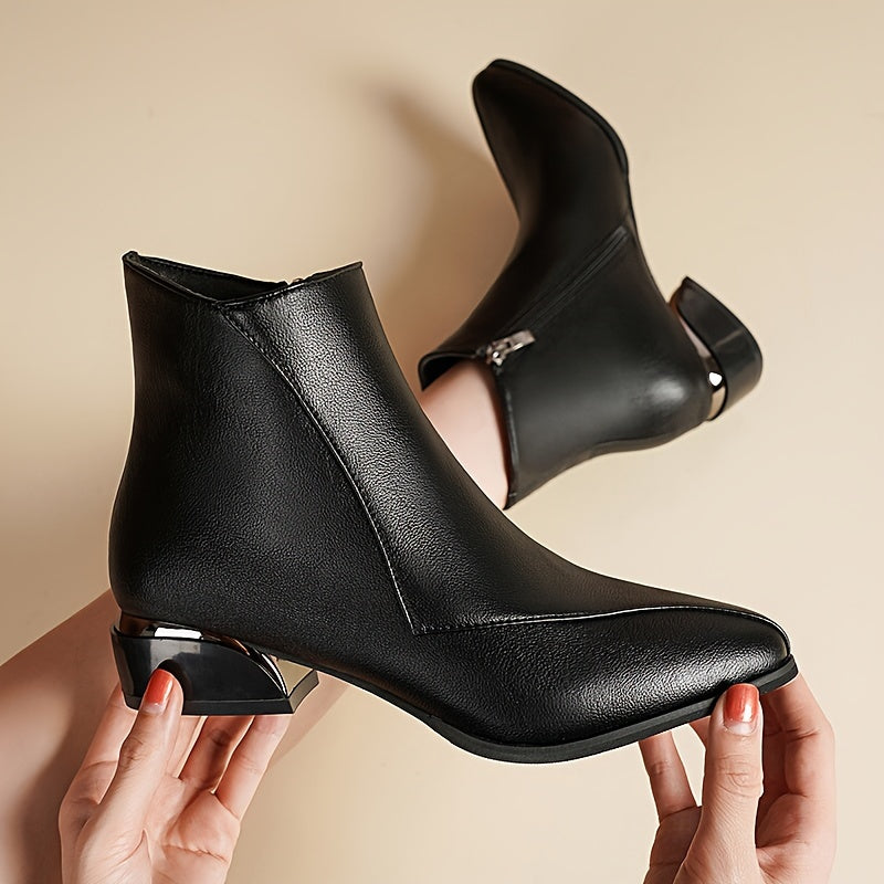 Women's low heeled ankle boots with pointed toe and side zipper, perfect for casual wear.