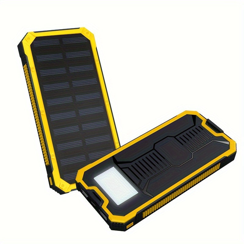 The SolarPower 10000mAh Power Bank is a portable device that features a dual USB charger, LED light, and microusb connector. It is compatible with various devices, operates at a voltage of