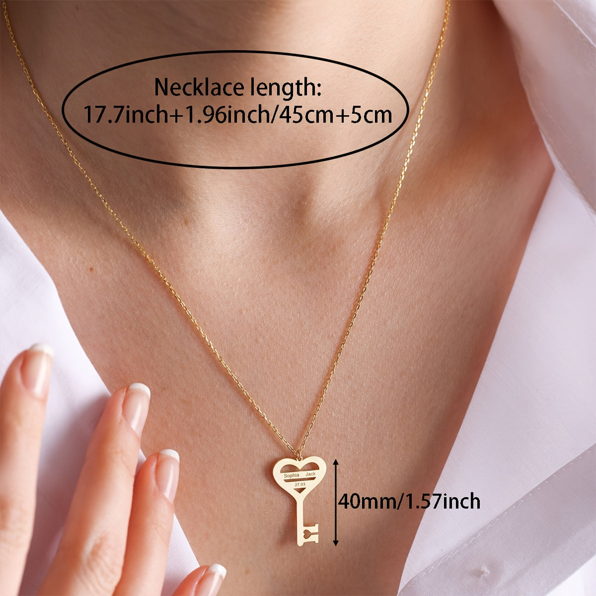 Customize your look with our elegant 18K gold plated Heart Key Pendant Necklace, personalized with 1-2 English names and a special date. This Boho style necklace is made from durable 304 stainless steel, perfect for daily wear or gifting. A thoughtful