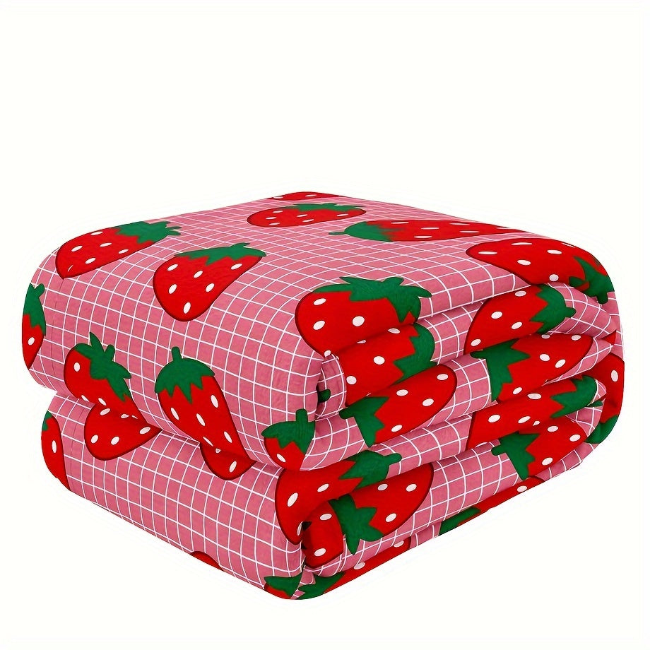 Glam Style Strawberry Pattern Throw Blanket, Microfiber Flannel All-Season Fruit Theme, Woven Digital Print, Ideal for Wedding, Housewarming, Birthday Gift - 1 Piece