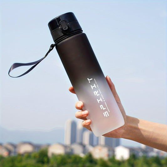 Gradient color water bottle with leakproof straw lid, portable with carry loop, insulated for hot/cold beverages, suitable for gym, outdoor, and travel use.