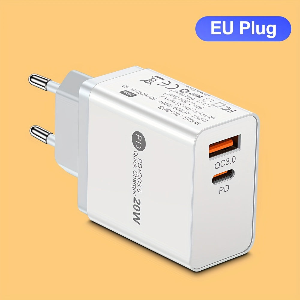 GUSEYEE 20W EU Dual-Port USB Wall Charger for Fast Charging iPhones, Samsung, Tablets & More with PD & QC3.0 Technology.