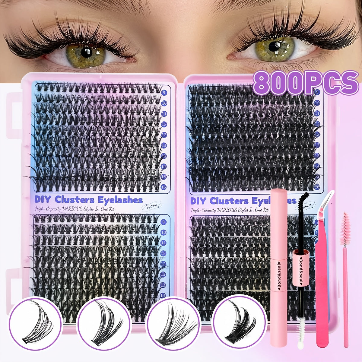 DIY Eyelash Extension Kit with Individual Lashes, Cluster, 9-16mm Mix, for Beginners. Includes Lash Bond, Tweezers. Perfect Gift for New Year.