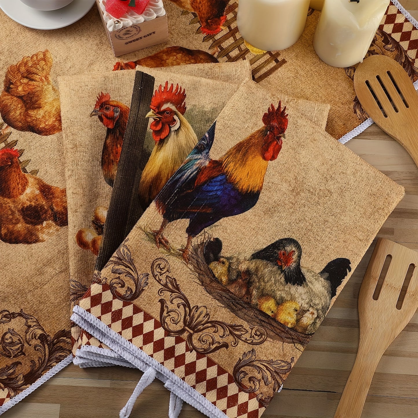 4pc Rustic Rooster Kitchen Hand Towels, Polyester Dish Cloths, Country Style Vintage Christmas Tea Towels