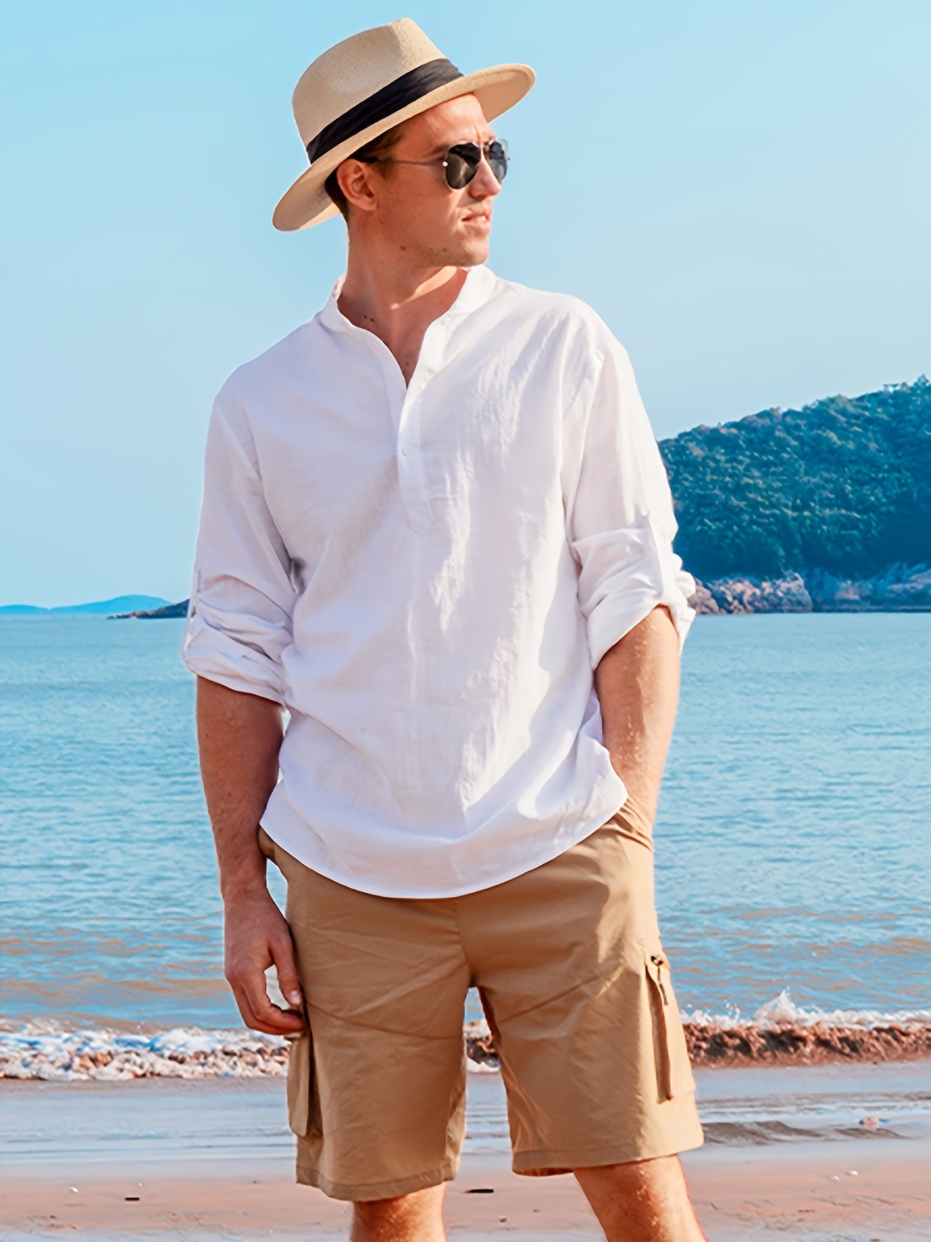 Men's linen Henley shirt in beige with casual stand collar, regular fit, split sleeve, and button detail. Made with 100% linen woven fabric, non-stretch, ideal for spring/fall season at