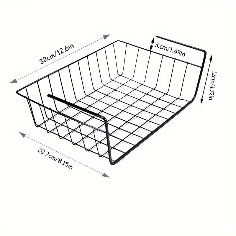 Kitchen organizer made of black cast iron - Features under shelf storage rack with paper holder and layered hanging basket for efficient space-saving.