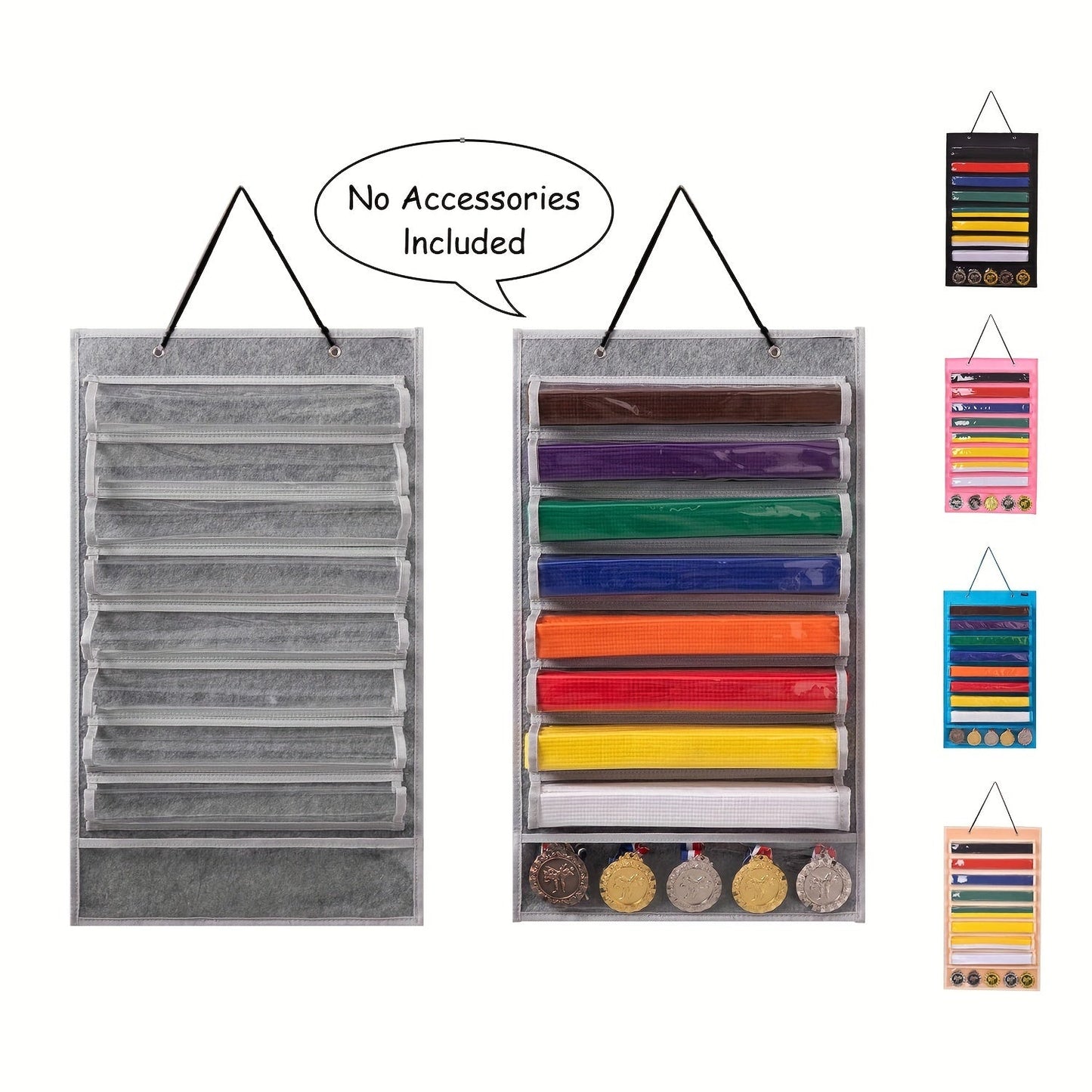 Display your martial arts belts and medals with pride on this durable felt organizer. With 9 clear pockets, this rack can hold up to 8 belts and 5 medals. Easy to install on your wall, this decorative piece is perfect for karate and taekwondo enthusiasts.