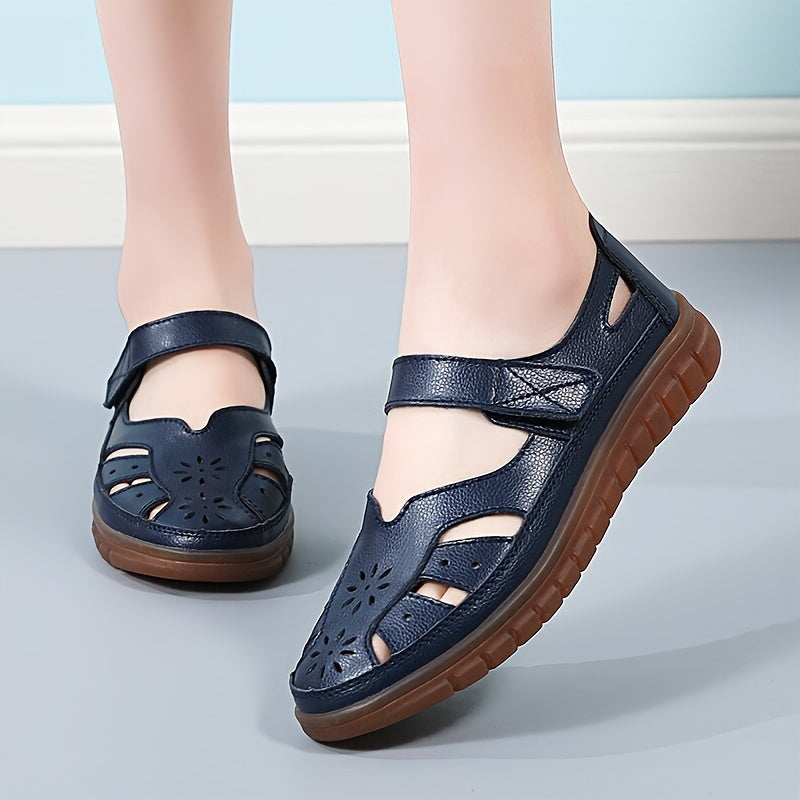 Women's genuine leather sandals with soft sole, cut-out design, casual and breathable.