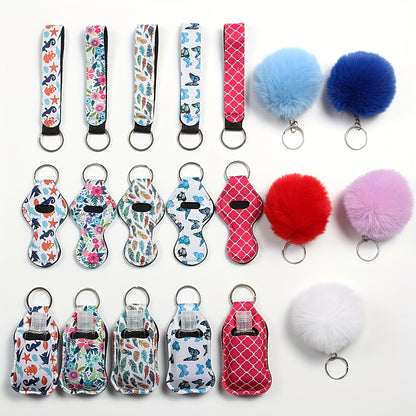 Set of 20 lipstick cases, sanitizer bottle keychain pendants, and plush ball ornaments in a bottle case design.