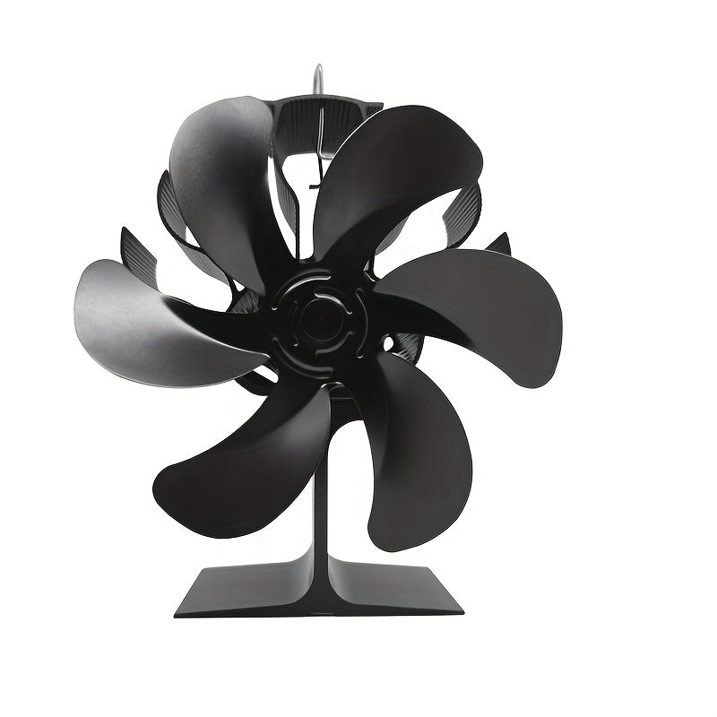 6-Blade Black Aluminum Fireplace Fan - Silent Operation, evenly distributes heat without needing electricity. Ideal for creating a cozy atmosphere for winter nights and makes for a great Christmas gift. Enhance your fireplace decor.