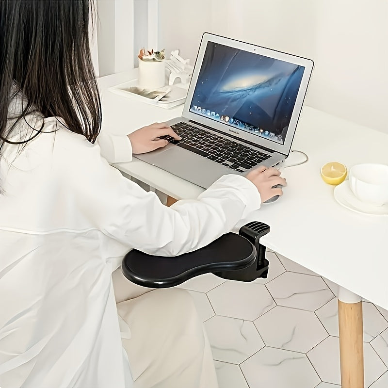 Ergonomic armrest wrist rest for computer desk, providing elbow support to reduce stress and pain during keyboard and mouse use in home office.