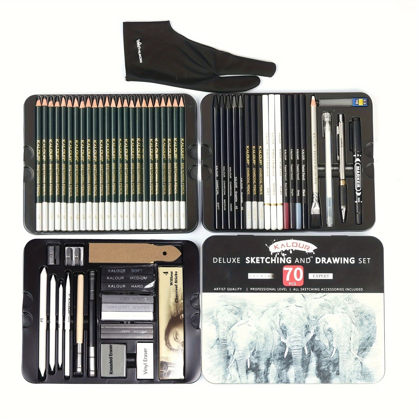 KALOUR 70pcs Luxury Iron Box Sketch Drawing Set for Outdoor Art and Writing.