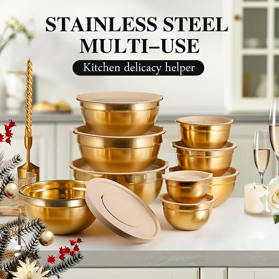 Stainless steel mixing bowl set in gold with lids in white, black, and khaki. Ideal for Christmas serving, baking, preparation, cooking, and serving food. Nested design saves space, dishwasher safe. Available in various sizes from 500ml to 4000ml.