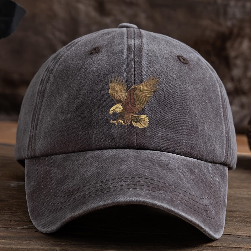 Men's adjustable dark blue baseball cap with eagle print. Made of machine washable polyester for sun protection and durability.