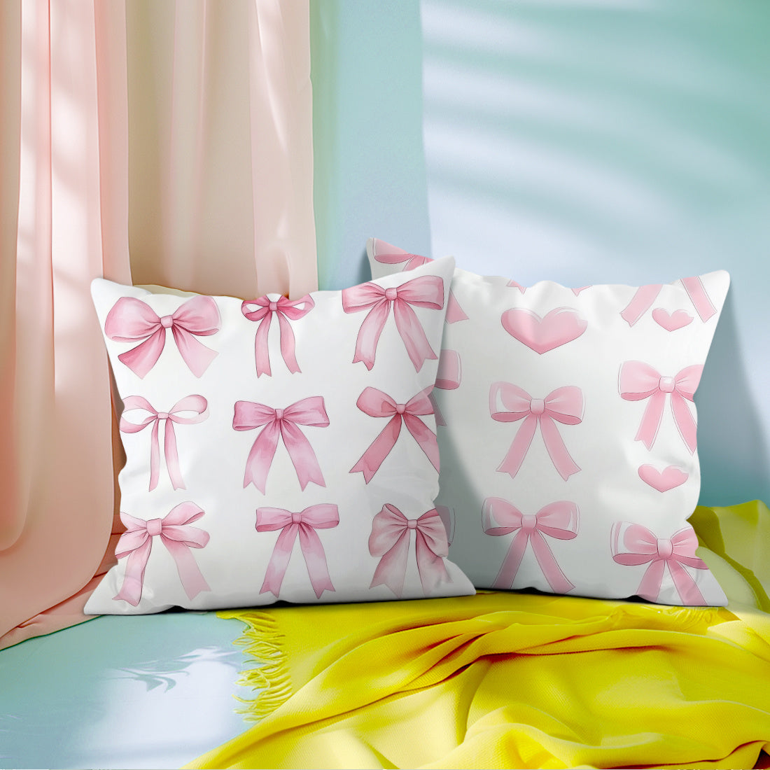 4 pink bow pillow covers for sofa, 45*45cm, single-sided print, peach skin material