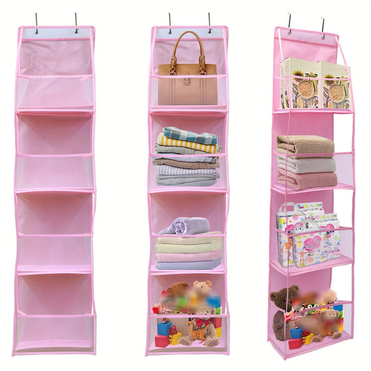 Organize your cosmetics, toys, and sundries with this 1pc Pink Over-the-Door Hanging Organizer featuring 4 pockets, clear window, and reinforced shelves. Perfect for use in the closet, bathroom, bedroom, or dorm. Comes with 2 metal hooks for easy