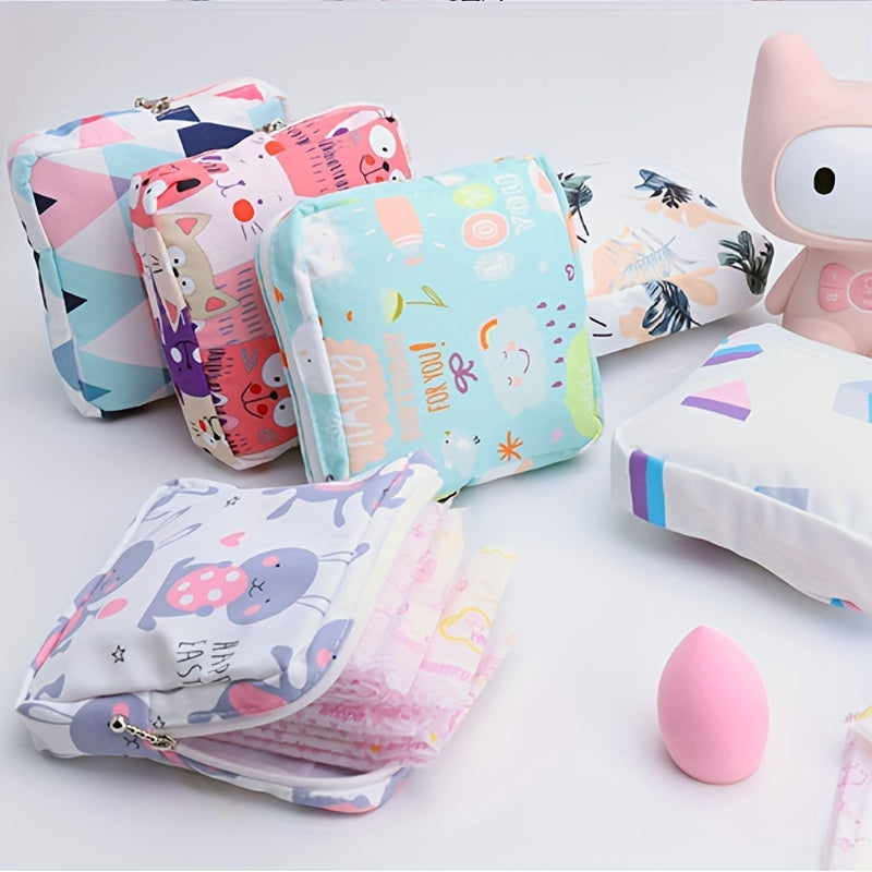 Cartoon printed portable storage bag for menstrual products. Large capacity, waterproof, suitable for organizing girl's belongings. Can also be used for storing headsets, coins, art