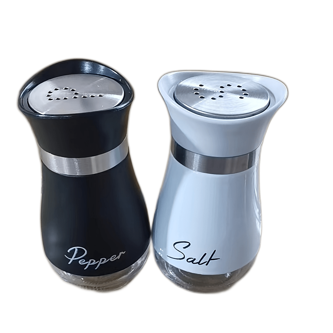 One set of 4 oz glass salt and pepper jars with stainless steel lids, perfect for kitchen, RV, camping, BBQ. Refillable design. Two jars in a set.