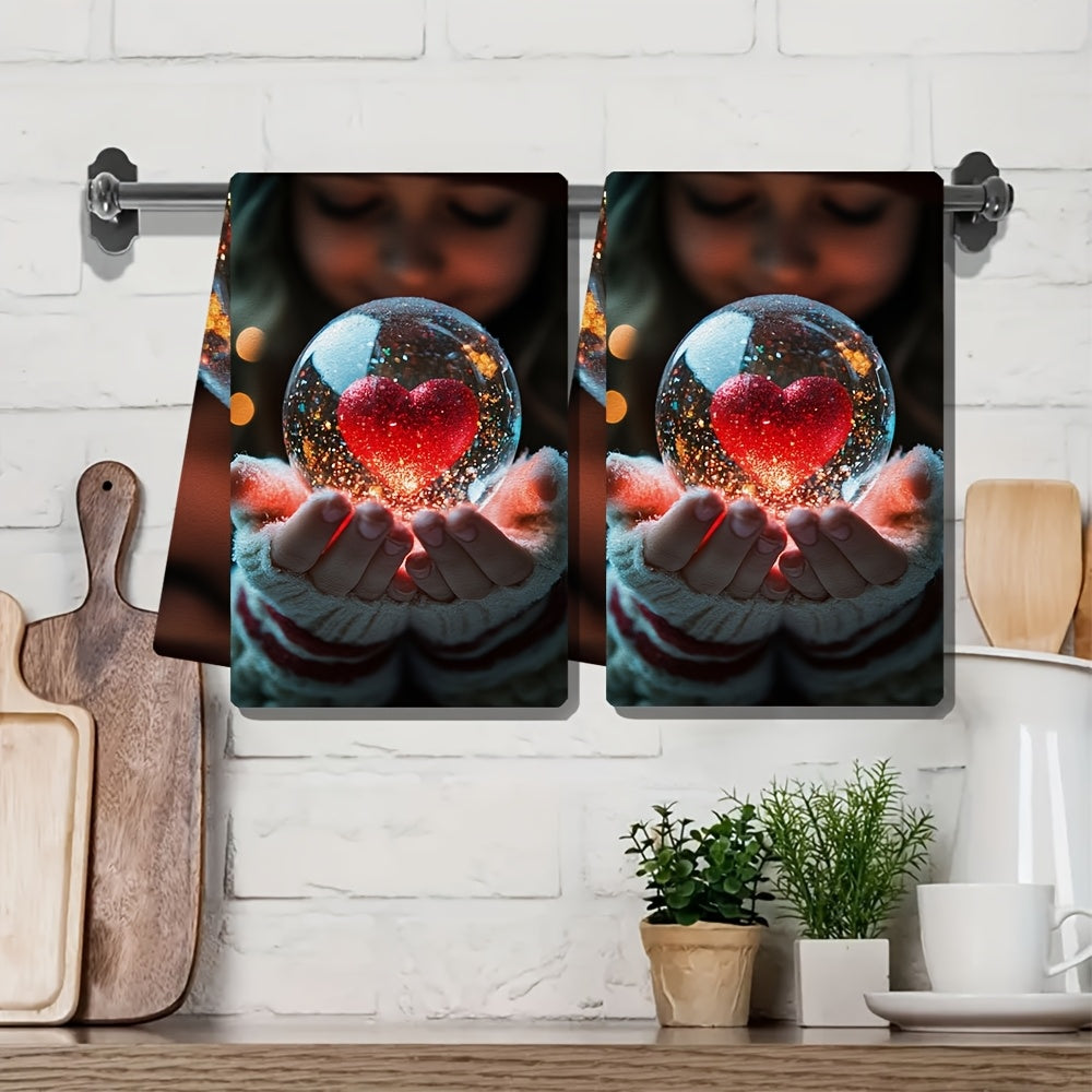 This bundle includes 2 ultra-soft kitchen towels adorned with a charming image of a girl delicately shaking a heart-shaped snow globe. These dish towels are highly absorbent, perfect for adding a festive touch to your holiday decor. They are machine