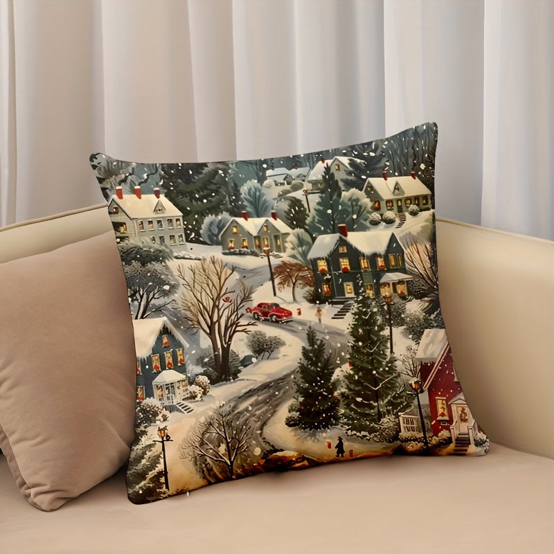 Christmas Eve snow scene linen throw pillow cover, 44.96cm x 44.96cm, zippered and machine washable for sofa, living room, and bedroom decor.