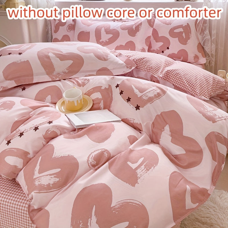 4-piece Pink Heart Print Valentine's Day Duvet Cover Set, includes Duvet Cover, Flat Sheet, and 2 Pillowcases. Skin-friendly and suitable for all seasons. Perfect for bedroom or guest room.