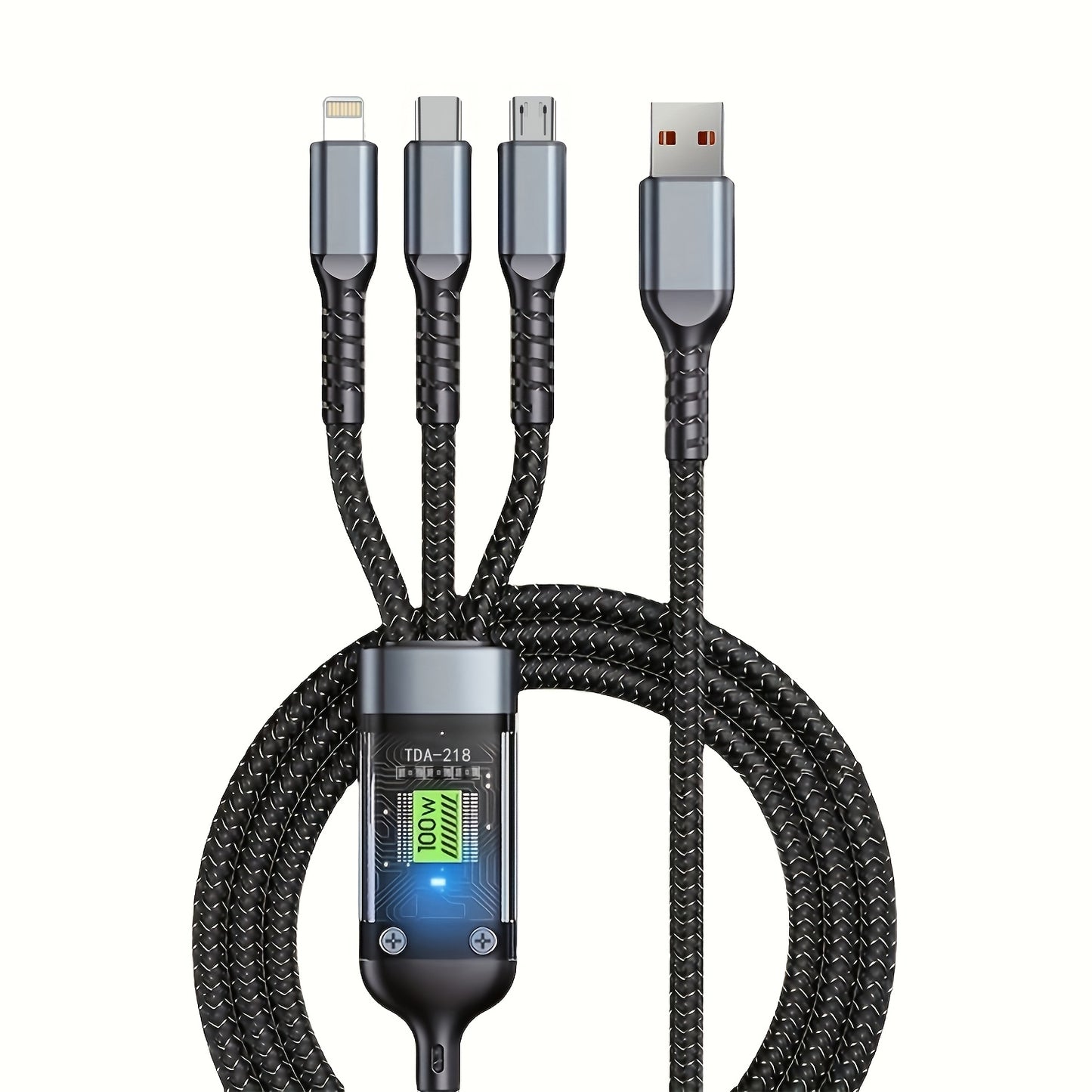 BINBOOM 3-in-1 Fast Charging USB Cable with LED Display, Nylon Braided, compatible with iPhone 14/13/12/11 and other cell phones.