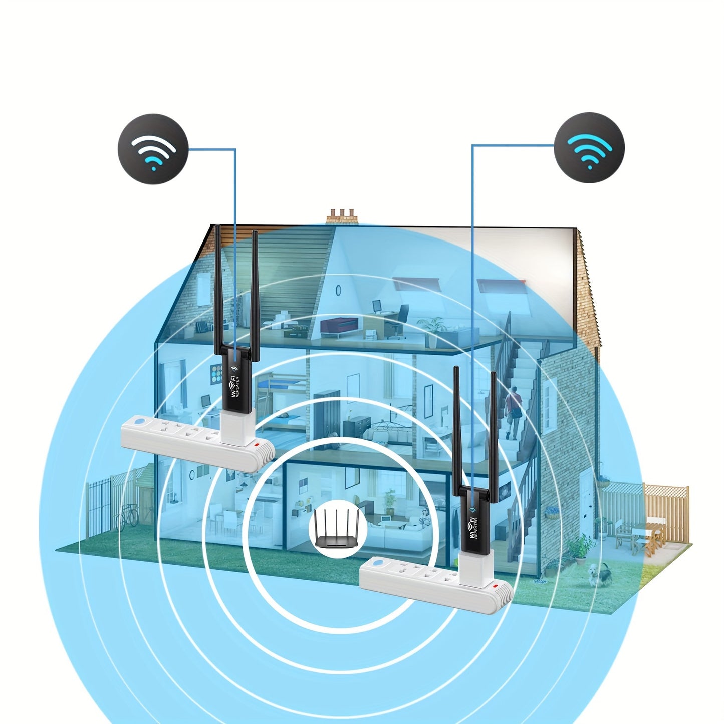 300Mbps 2.4G Wireless WiFi Repeater Extender amplifies WiFi signal and extends network coverage.