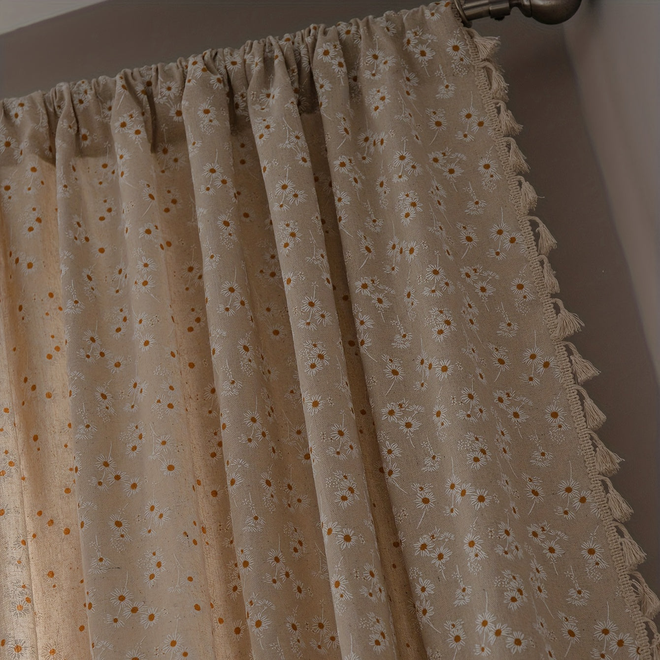 Daisy Printed Tassel Rod Pocket Curtains - a charming addition to any room in your home or office. Add a touch of pastoral style with these elegant curtains, perfect for the bedroom, kitchen, living room, or study. Elevate your home decor with these