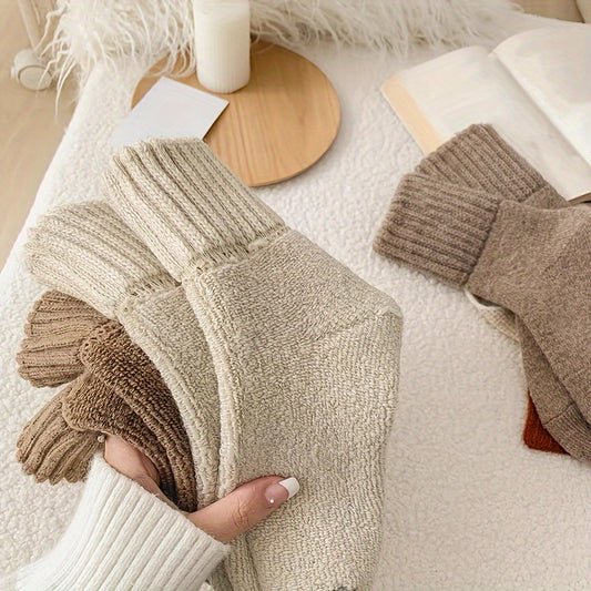 5 cozy winter socks for women in beige and brown, mid-calf length, soft polyester blend, ideal for cold weather.