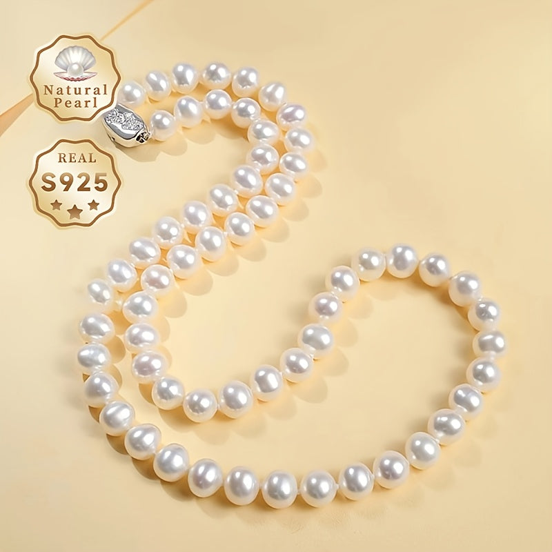 MUFAN Elegant S925 Silver Freshwater Pearl Necklace featuring 7-8mm Lustrous White Pearls, Perfect for Women. This necklace is an ideal June birthstone gift, and it comes in a stylish red gift box. Each pearl has its own unique shape and color variation