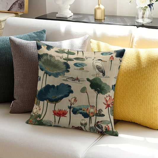 18x18 Chinese Style Linen Throw Pillow Cover featuring Birds and Lotus Print - Machine Washable with Zipper Closure. Single sided design, insert not included.