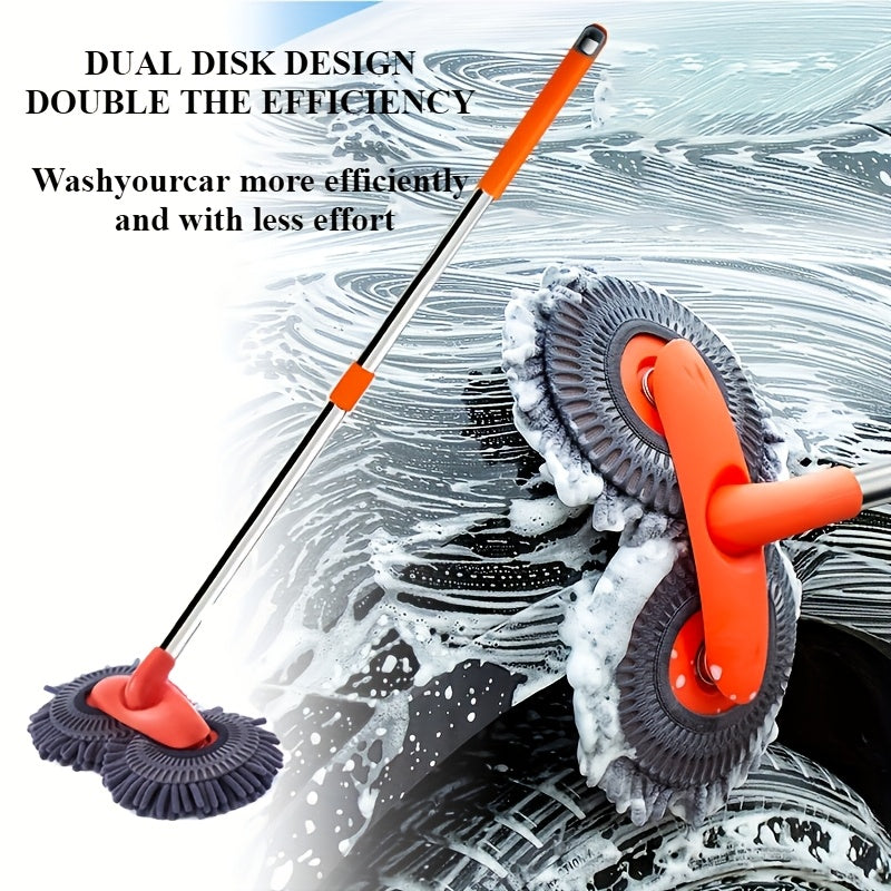 Dual Disk Design Car Wash Mop with soft brushes, efficient and gentle on paint. Ideal for dusting and detailing. Ultimate car cleaning kit without battery.