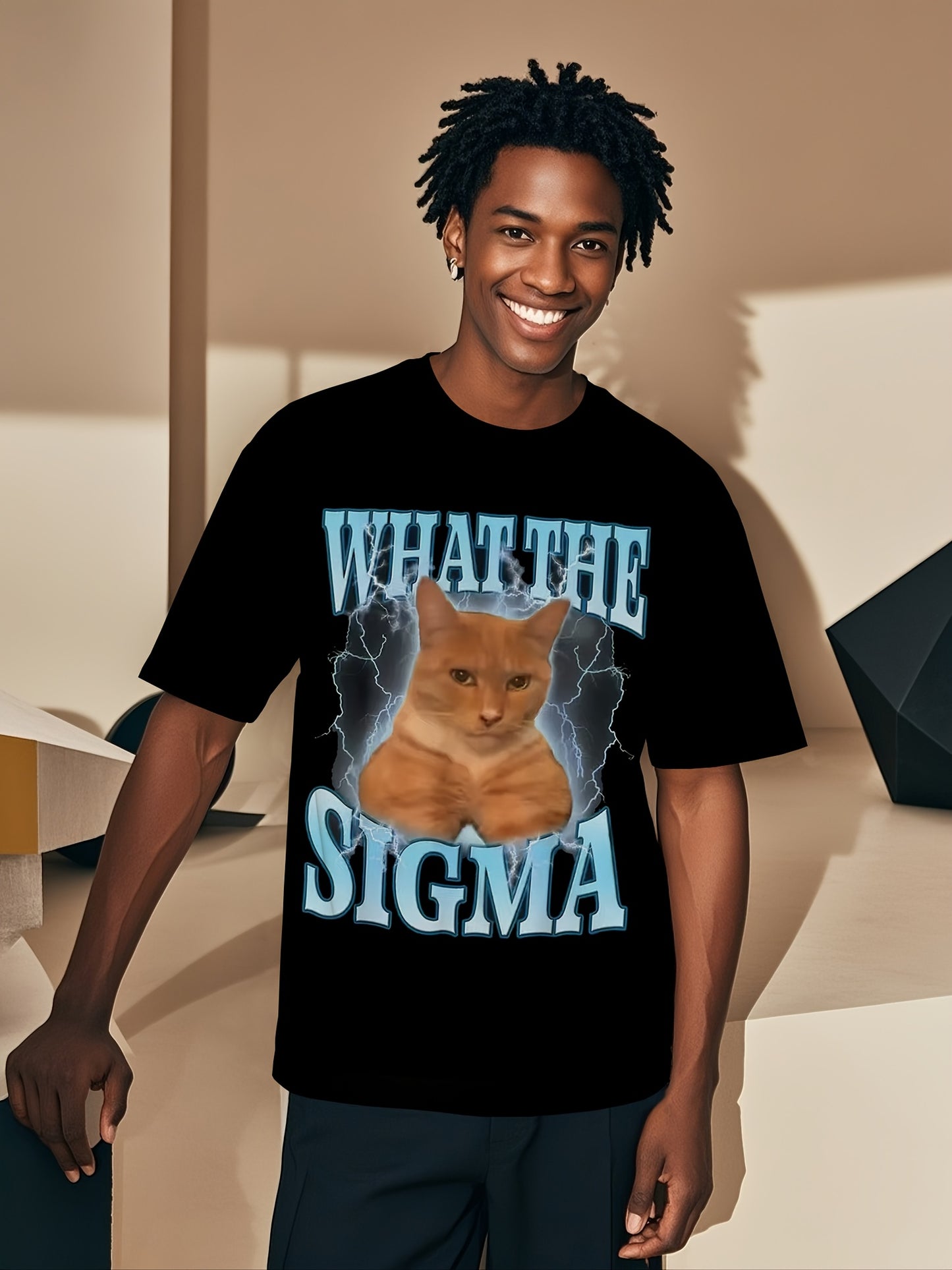 1pc "What The Sigma" Cat Meme Graphic T-Shirt, Unisex Crew Neck Tee, Regular Fit, 95% Polyester 5% Spandex, 150gsm - Adult Size