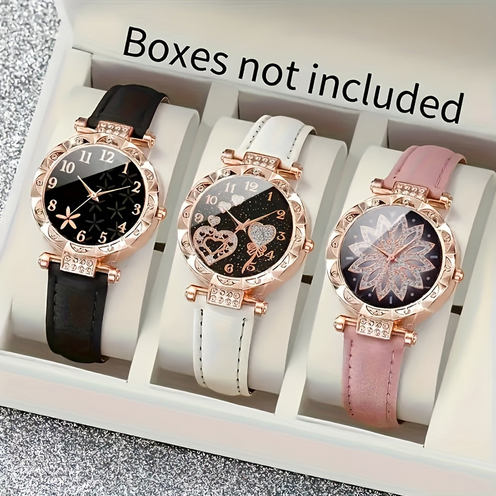 3-piece women's quartz watch set with rhinestone heart dial, PU leather strap, and fashionable design - perfect gift for girlfriend or mother.