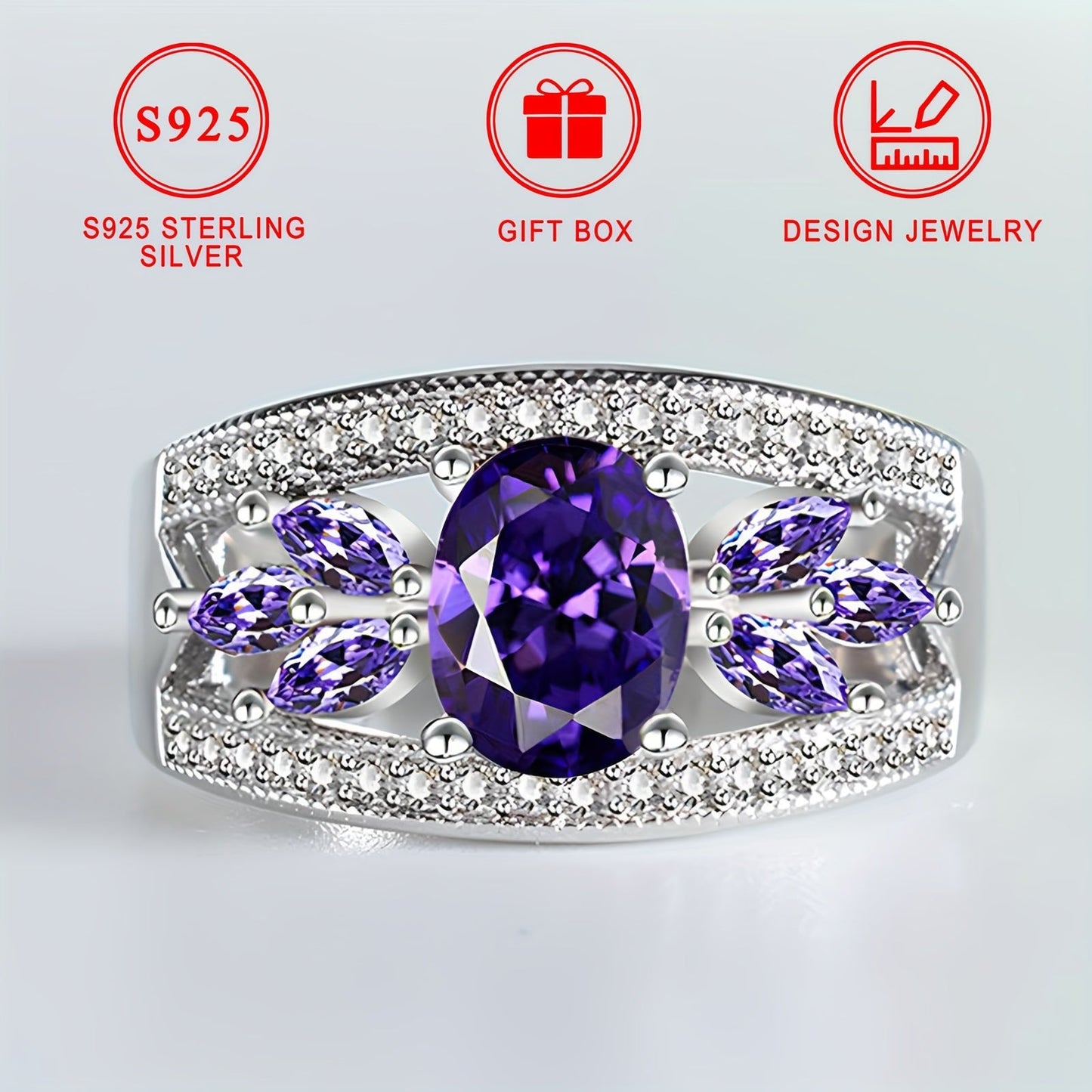 Luxurious S925 Sterling Silver Ring with Sparkling Purple Cubic Zirconia, Hypoallergenic and Nickel-Free, Ideal for Everyday Wear and Gift-Giving. Comes with a Gift Box, perfect for a touch of luxury and blingbling style, suitable for any occasion.