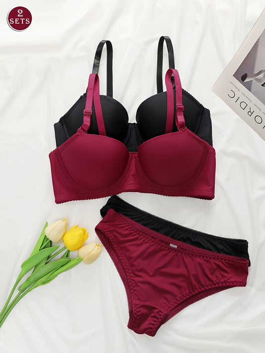 European and American casual women's underwear set with low elastic waistband and steel ring detailing, featuring a one-piece mid-waist design and non-removable coaster triangle panties.