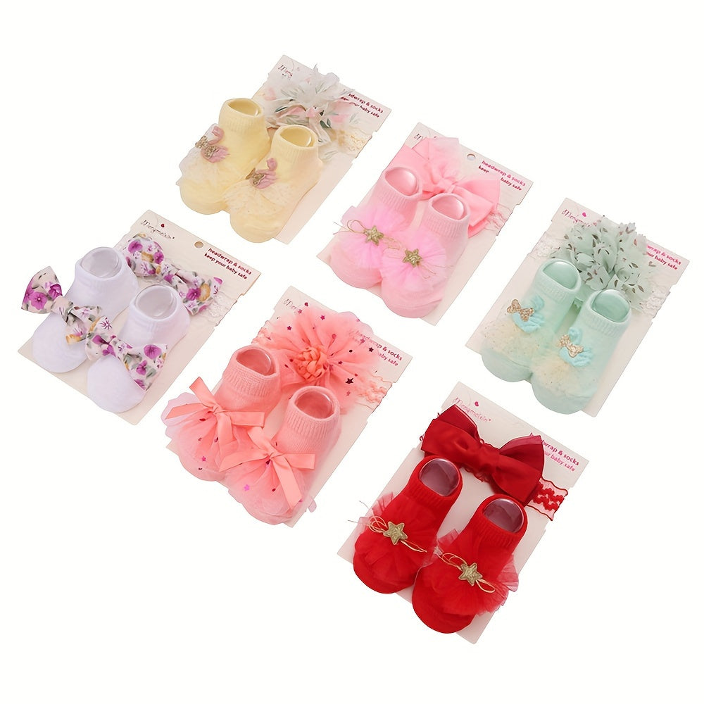 1 Set of Kids' Cotton Blend Lace & Bow Low-Cut Socks and Hairbands - Soft, Breathable & Elastic for Spring/Summer Comfort