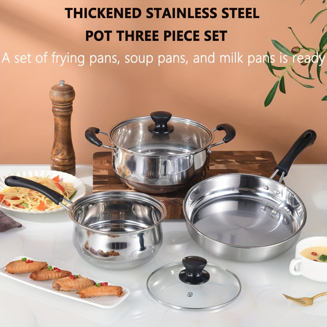 Three-piece set of durable stainless steel cookware, including a thickened soup pot, milk pot, and fryer. This versatile set is perfect for frying, stewing, and cooking, whether in a household kitchen or professional restaurant setting. Can be used on