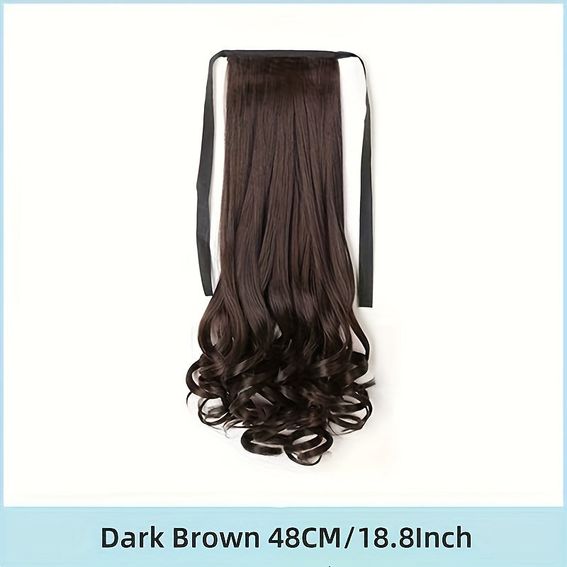 Stylish brown ponytail wig with ribbon tie made of high-temperature synthetic hair, perfect for all women.