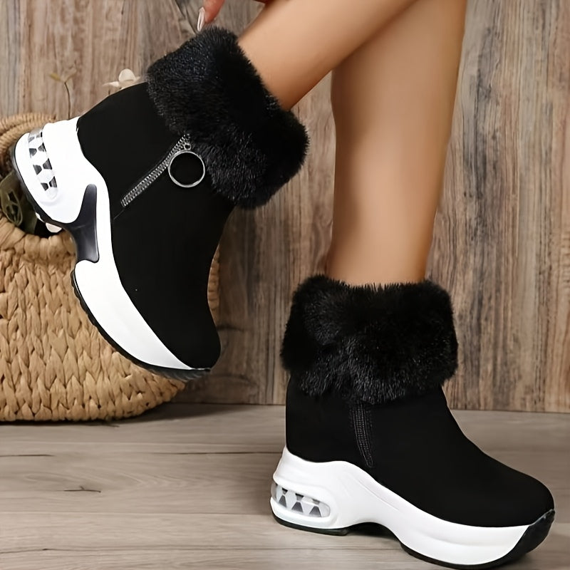 Winter boots for women with fleece lining, cozy and warm, thick sole, side zipper, round toe, mid-heel.