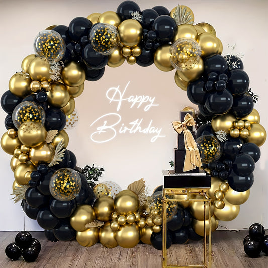 140pcs Black and Golden Latex Balloon Garland Arch Kit with Confetti Balloons for Various Celebrations and Milestones.