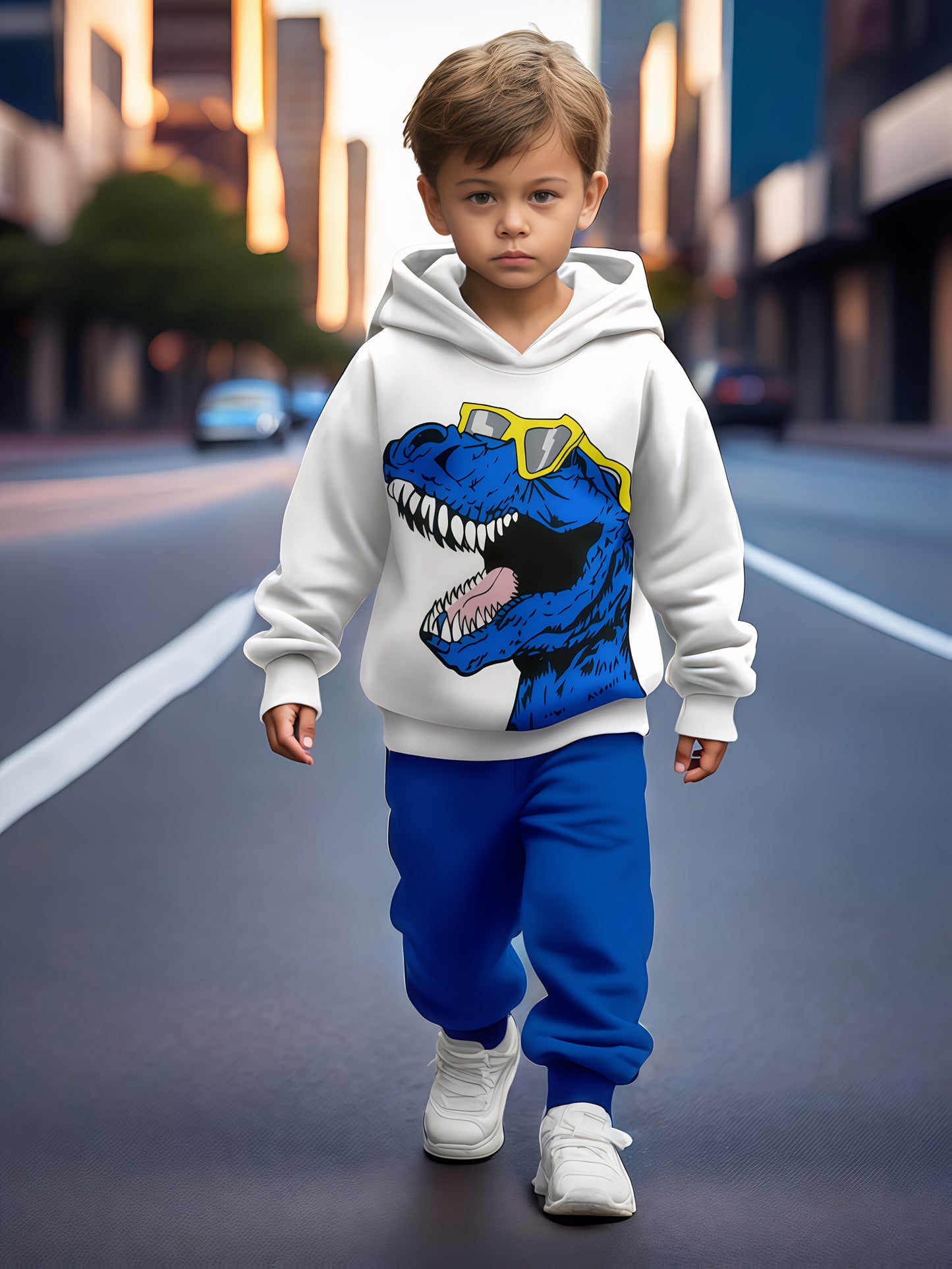 2-piece dinosaur print sweatshirt sports suit for boys, ideal for outdoor wear in spring and autumn. Comfortable fabric, great gift for youngsters.